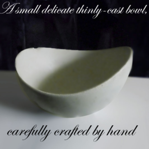 A very delicate, thinly cast dish in soft creamy white glaze, carefully crafted by hand by Westin Neil Andersen. Chip in the rim.