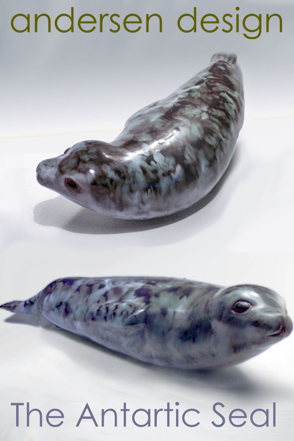The Antarctic Seal designed by Weston and Brenda Andersen is slip cast in red stoneware, decorated in variegated tones of black and grey and dipped in our white glaze. The eyes are ebony outlined in unembellished red stoneware. The Antarctic Seal is 17 inches long, All hand made in the USA.